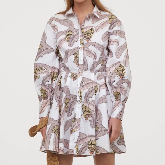 H&M Dresses & Skirts - Desmond & Dempsey x H&M XS Cotton Banana Leaf Print Button Dress Puff Sleeve